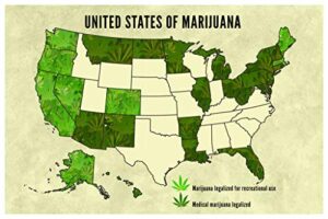 United States of Marijuana Legalization 2021 Cannabis Legal Buying Updated Map Recreational Medical Dispensaries Cool Wall Art Print Poster 36×24